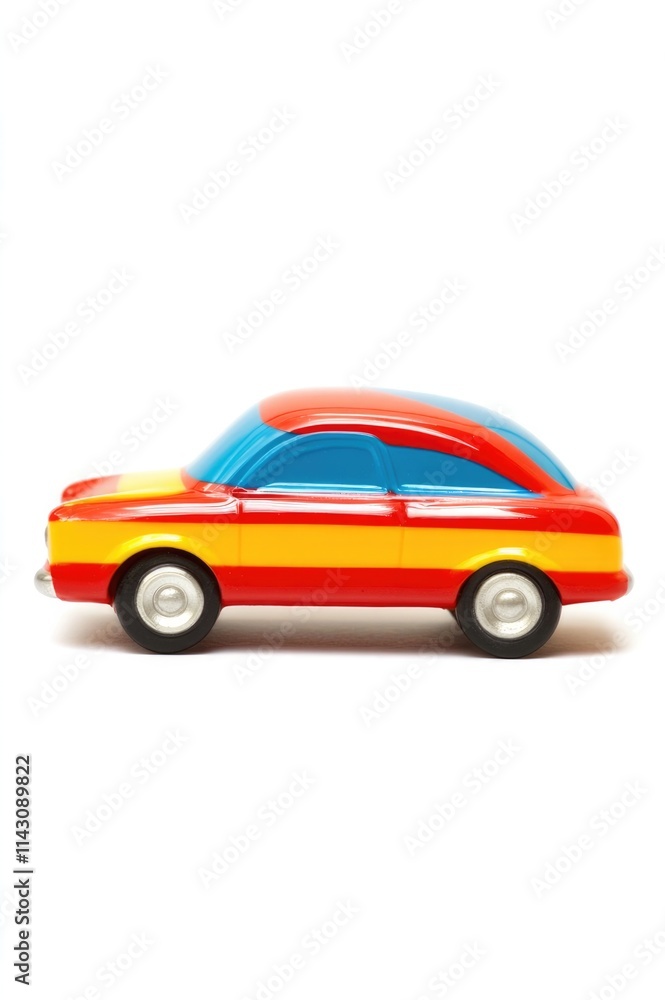 Fototapeta premium A sleek and vibrant toy car with a glossy red and yellow exterior, showcasing a side view against a plain white background, evoking speed and nostalgia.