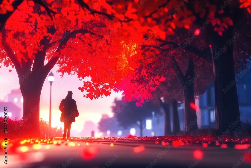 Naklejka premium A person is walking along a path lined with trees in vivid autumn colors, casting a cozy evening glow, celebrating the beauty of fall.