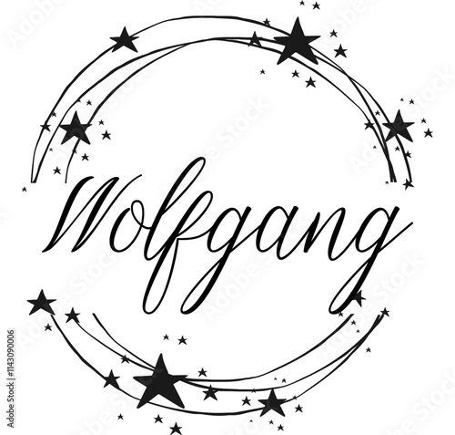 wolfgang - name written between circles and stars, round logo, vector graphic design for parties and Christmas time, banners, postcards, sweatshirt, prints, cricut, silhouette, sublimation
