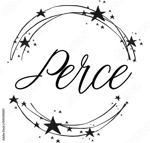Perce - name written between circles and stars, round logo, vector graphic design for parties and Christmas time, banners, postcards, sweatshirt, prints, cricut, silhouette, sublimation
