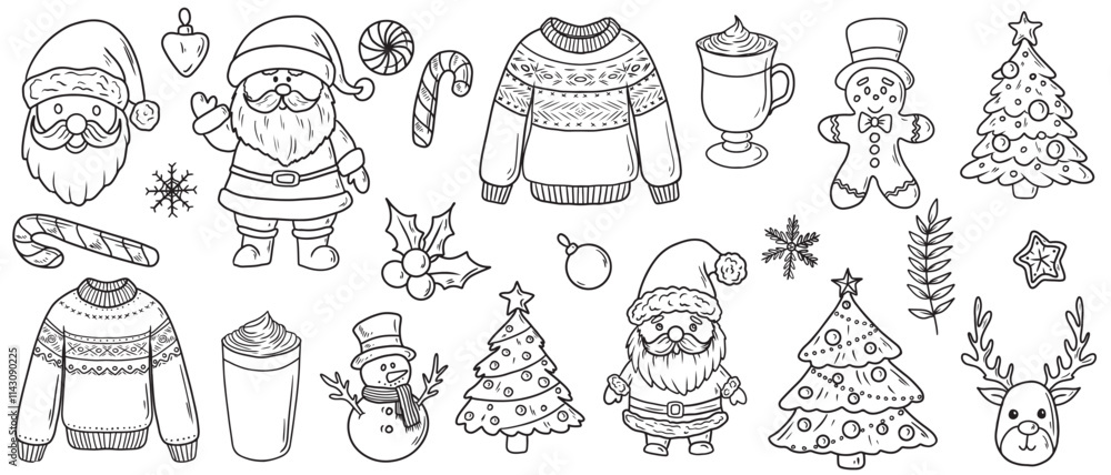 Merry Christmas decorations. Line art icons. Sweater, Santa Claus, hot drink, snowman, reindeer, gingerbread cookie, snowflakes, winter decorations. Hand drawn vector sketch illustrations in vintage Merry Christmas decorations. Line art icons. Sweater, Santa Claus, hot drink, snowman, reindeer, gingerbread cookie, snowflakes, winter decorations. Hand drawn vector sketch illustrations in vintage