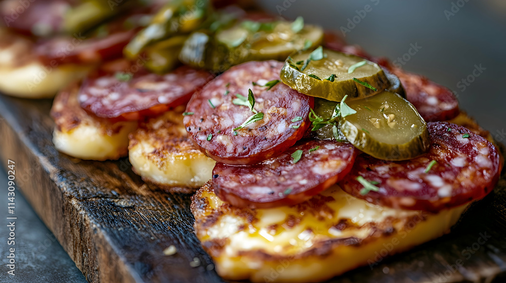 Fried halloumi slices topped with spicy salami and pickles for a gourmet dish - Fried halloumi slices topped with spicy salami and pickles for a gourmet dish -