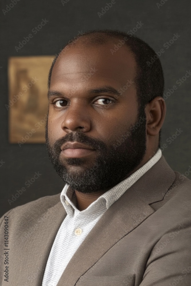 A serious man with facial hair, dressed in a light suit, stands against a textured dark background, exuding a thoughtful and introspective demeanor. A serious man with facial hair, dressed in a light suit, stands against a textured dark background, exuding a thoughtful and introspective demeanor.