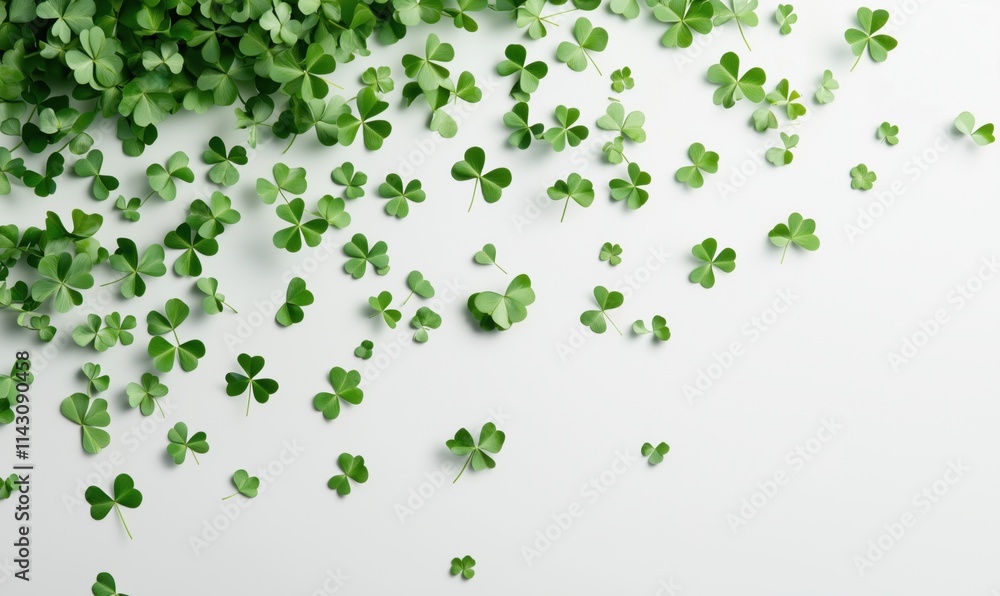 Clover leaves scattered on white background, vibrant green hues, various sizes, natural arrangement, symbol of luck and nature Clover leaves scattered on white background, vibrant green hues, various sizes, natural arrangement, symbol of luck and nature