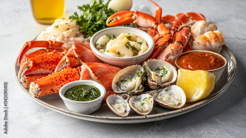 Luxurious seafood platter displaying succulent lobster claws, crab, clams with vibrant dipping sauces on elegant serving dish photo