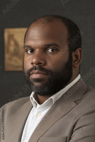 A serious man with facial hair, dressed in a light suit, stands against a textured dark background, exuding a thoughtful and introspective demeanor.