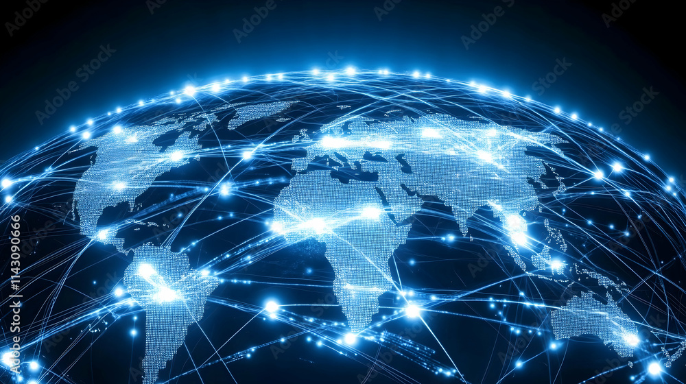 Global network connections with blue dots and lines symbolizing data transfer and modern business technology  -
