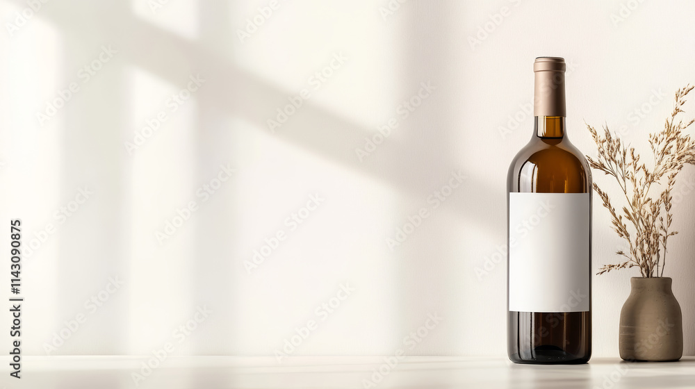 Wine bottle with blank white label standing on reflective surface next to dry plant in vase, bright studio lighting, minimalist composition Wine bottle with blank white label standing on reflective surface next to dry plant in vase, bright studio lighting, minimalist composition