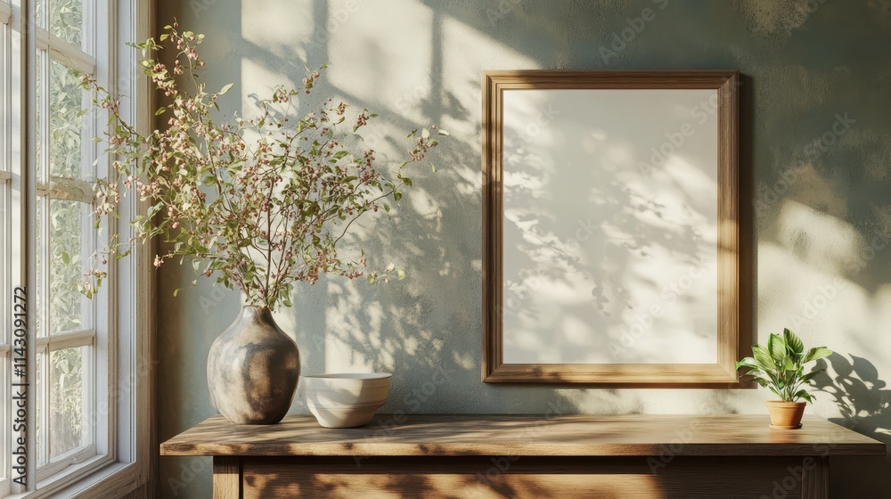 Cozy dining room with a blank frame on the sideboard Cozy dining room with a blank frame on the sideboard