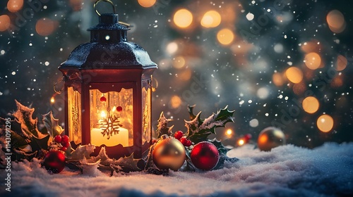 A festive Christmas decoration featuring a red lantern with a burning candle, nestled amidst a snowy winter scene photo