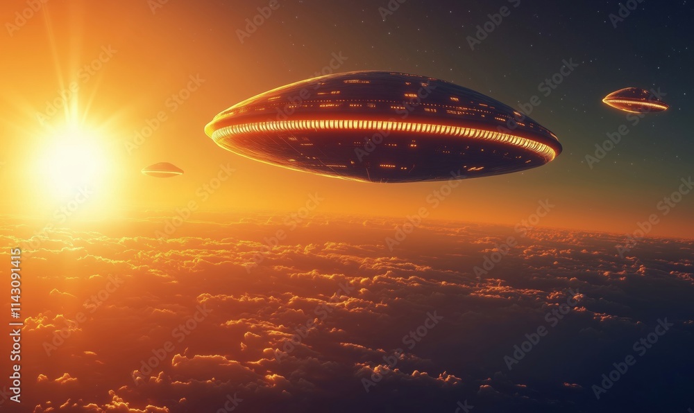 Obraz premium UFOs hovering above clouds at sunset, glowing lights, extraterrestrial spacecraft, vibrant sky, atmospheric scene