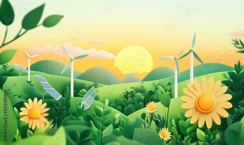Sustainable energy landscape with wind turbines and solar panels, vibrant green hills, sunflowers, and sunset sky