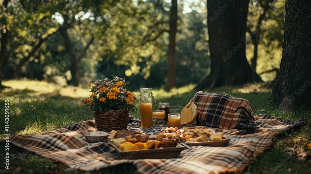 Obraz premium Cozy family picnic setup in a park, featuring a picnic blanket, food, and a heartfelt toast to fathers