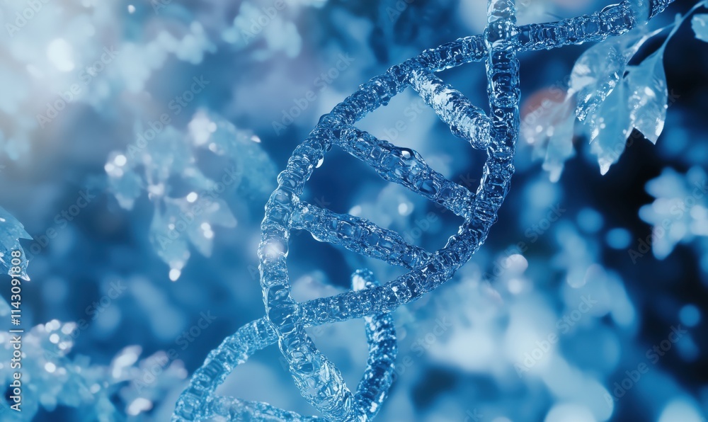 DNA structure with blue hues, intricate double helix design, surrounded by leaves, shimmering details, scientific representation DNA structure with blue hues, intricate double helix design, surrounded by leaves, shimmering details, scientific representation