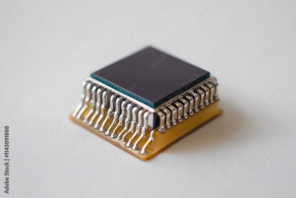Close-up of microchip on white surface, tech detail highlighted. Close-up of microchip on white surface, tech detail highlighted.