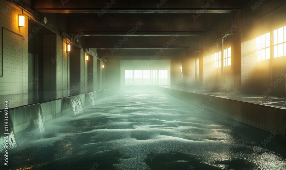Serene indoor swimming pool with misty atmosphere, warm lighting, and tranquil water surface Serene indoor swimming pool with misty atmosphere, warm lighting, and tranquil water surface