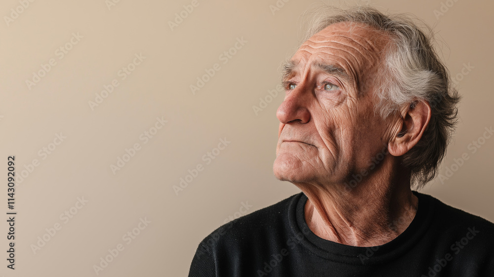 Portrait of a contemplative old man with wrinkles looking upwards against a neutral background, conveying emotions of hope, concern or deep thought Portrait of a contemplative old man with wrinkles looking upwards against a neutral background, conveying emotions of hope, concern or deep thought