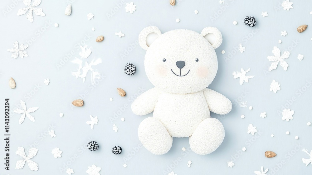 Obraz premium Adorable bear-themed dry yogurt art with snowflakes and berries on light background