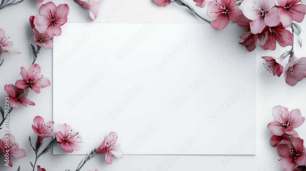 Obraz premium Blank white card surrounded by pink cherry blossoms. Floral template with copy space for design and text. 
