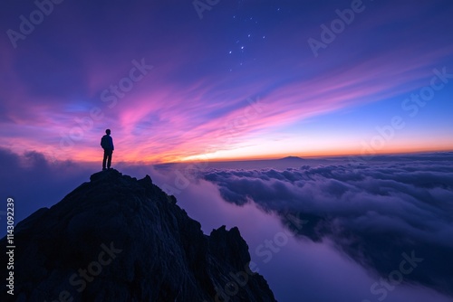 A lone figure standing on a mountain peak high above the clouds, gazing at the vast celestial sky filled with glowing blue and purple beams of light 1