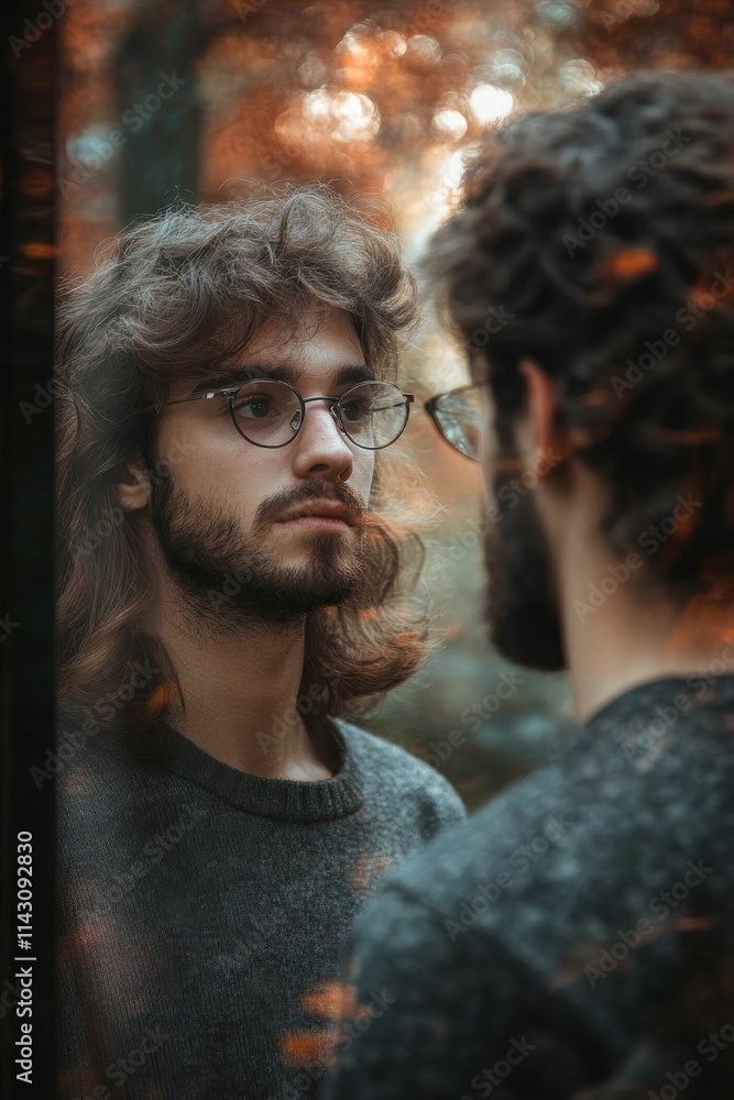 Long-haired man, glasses, reflection, autumnal background. Long-haired man, glasses, reflection, autumnal background.