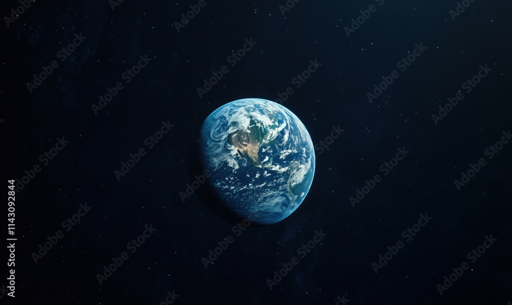 Fototapeta premium Earth from space, vibrant blue planet, swirling clouds, visible continents, surrounded by stars, deep black background