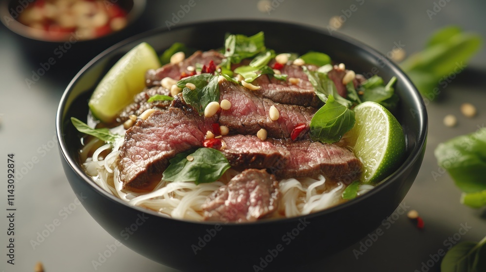 Delicious beef noodle soup with fresh herbs and lime. Delicious beef noodle soup with fresh herbs and lime.