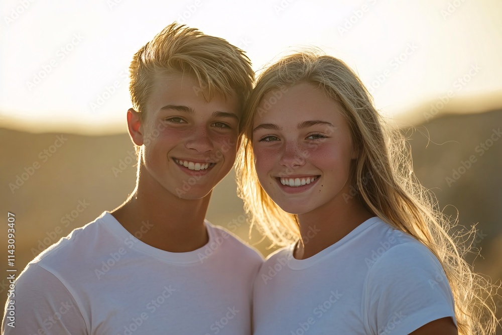 A beautiful young couple in love, wearing plain white crew-neck t-shirts with no wrinkles, standing outdoors under soft golden sunlight, smiling and holding hands 3 A beautiful young couple in love, wearing plain white crew-neck t-shirts with no wrinkles, standing outdoors under soft golden sunlight, smiling and holding hands 3