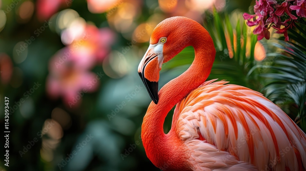 Fototapeta premium Flamingo preening its feathers against a backdrop of tropical flowers