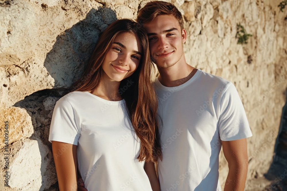 A beautiful young couple, both wearing plain white crew-neck t-shirts, posing against a rustic stone wall, sunlight casting soft shadows, smiling and enjoying the moment 1 A beautiful young couple, both wearing plain white crew-neck t-shirts, posing against a rustic stone wall, sunlight casting soft shadows, smiling and enjoying the moment 1