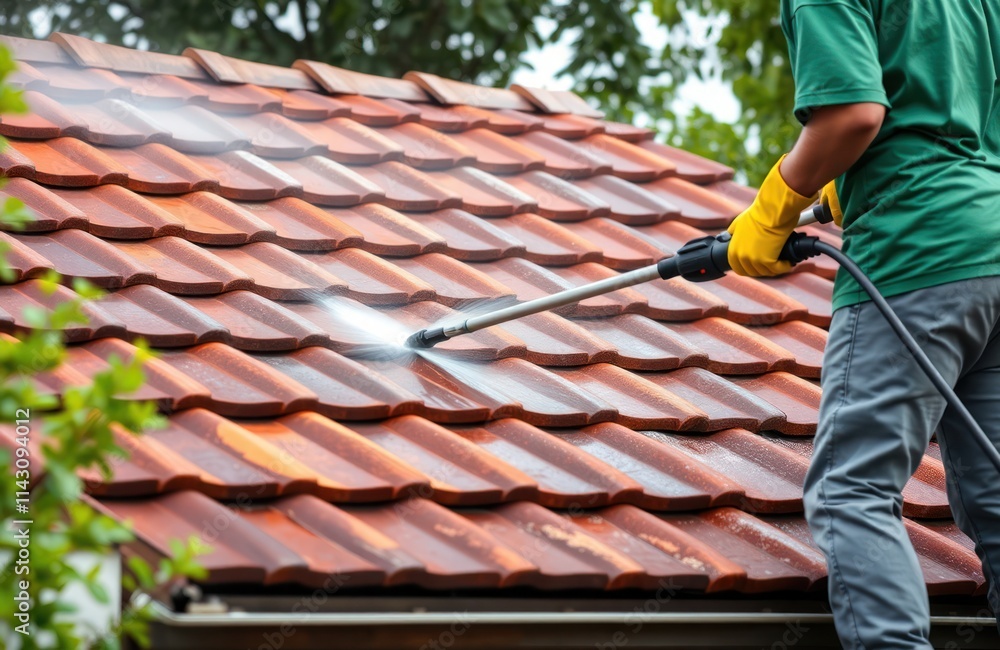 Worker cleans house roof with high-pressure water. Person in green shirt, yellow gloves uses power washer to clean terracotta roof tiles. Exterior home maintenance. Roof cleaning service. House Worker cleans house roof with high-pressure water. Person in green shirt, yellow gloves uses power washer to clean terracotta roof tiles. Exterior home maintenance. Roof cleaning service. House