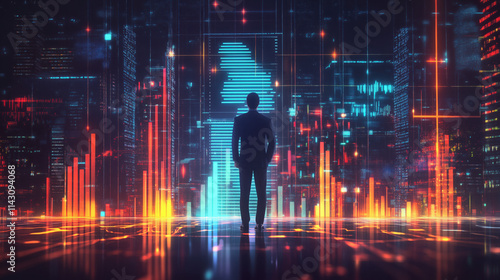 Corporate Figure Presenting a Glowing Bar Chart with Financial Metrics, Symbolizing Business Growth, Dividend Increases, and Banking Sector Expansion