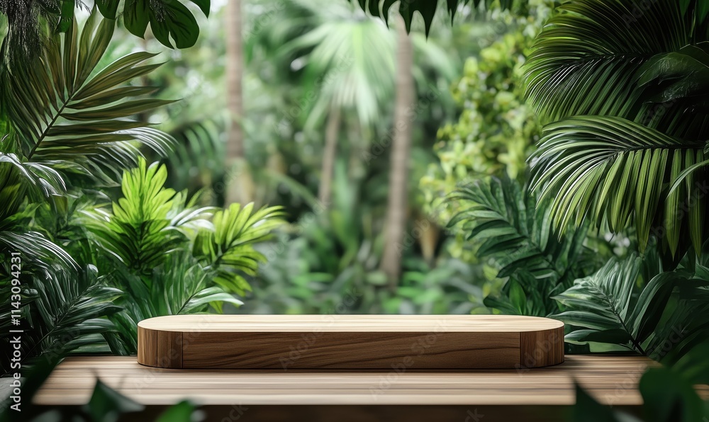 Wooden display platform surrounded by lush tropical foliage, vibrant green leaves, natural setting, serene atmosphere Wooden display platform surrounded by lush tropical foliage, vibrant green leaves, natural setting, serene atmosphere
