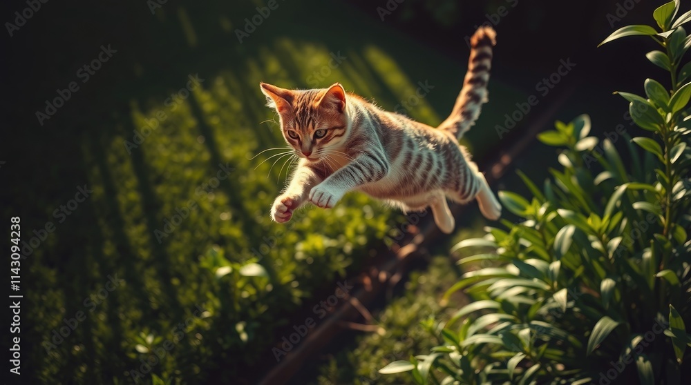 A lively tabby cat energetically jumps across the garden, filled with lush green plants and illuminated by warm sunlight. Its playful spirit is captured in mid-air A lively tabby cat energetically jumps across the garden, filled with lush green plants and illuminated by warm sunlight. Its playful spirit is captured in mid-air