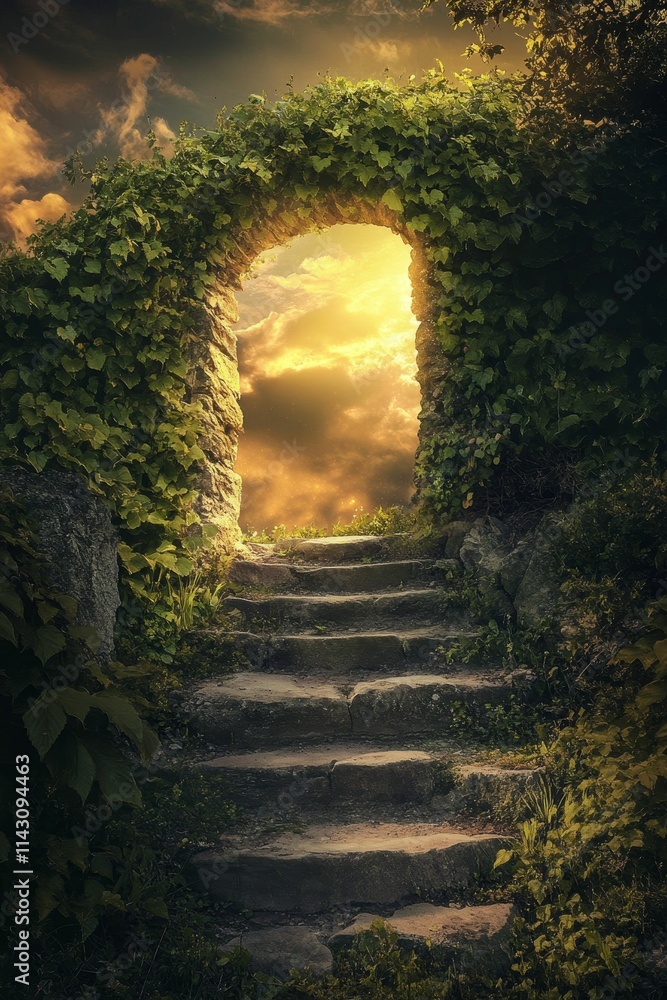 Obraz premium Stone steps ascend to vine-covered arch, light shines through.