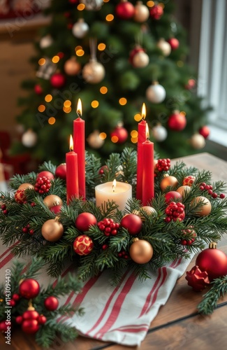 Christmas wreath with candles, ornaments. Green fir branches create festive decoration. Red, gold balls add festive touch. Table setting includes white, red striped tablecloth. Cozy Christmas photo