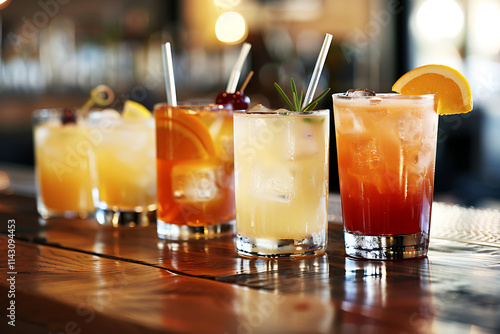 casual cocktail bar, an array of simple cocktails adorned with quirky garnishes, served with large straws and placed on a weathered table, in a cozy gathering of friends photo