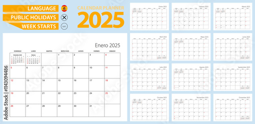 Spanish calendar planner for 2025. Spanish language, week starts from Sunday.