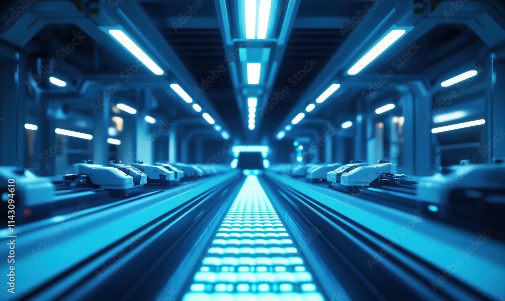 Fototapeta premium Futuristic conveyor system with glowing lights and vehicles