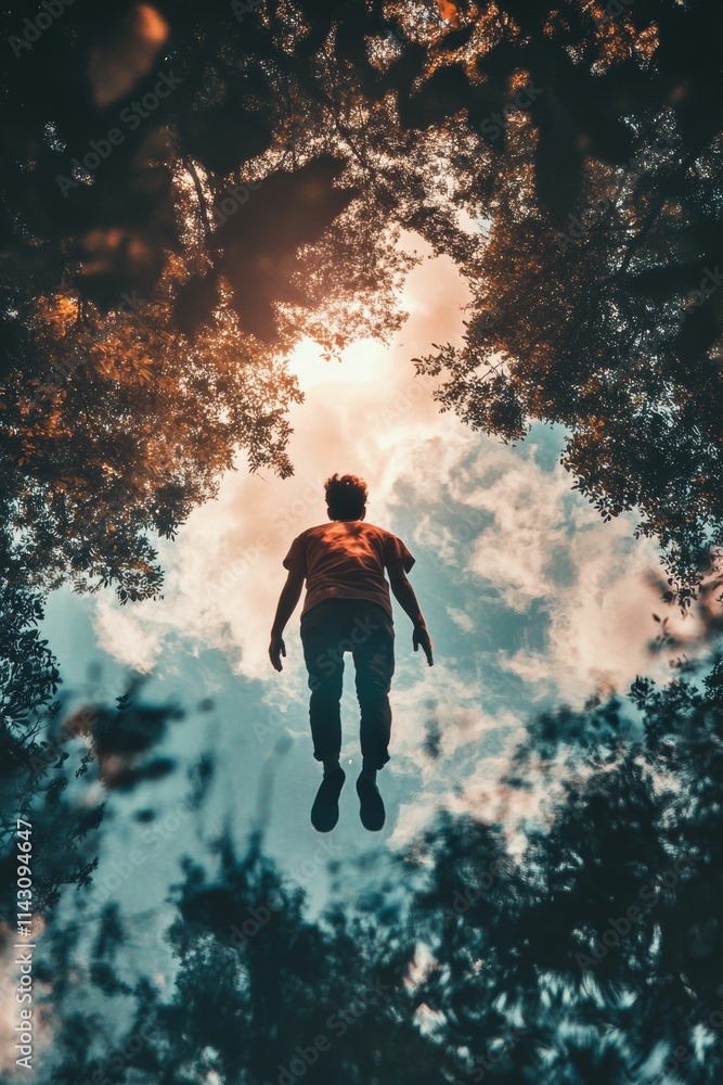 Person reflected, sky, trees, water, upside-down. Person reflected, sky, trees, water, upside-down.