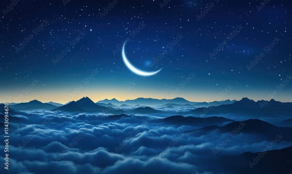 Moonlit night sky over mountains and clouds, serene landscape with stars, deep blue hues, tranquil atmosphere Moonlit night sky over mountains and clouds, serene landscape with stars, deep blue hues, tranquil atmosphere