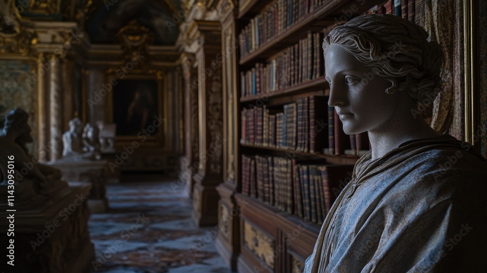 Marble statue in antique library. Marble statue in antique library.
