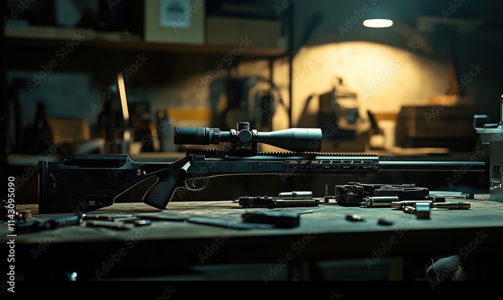 Rifle on workbench with tools and ammunition, detailed view of firearm components and accessories Rifle on workbench with tools and ammunition, detailed view of firearm components and accessories