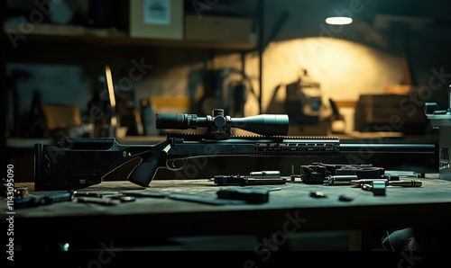 Rifle on workbench with tools and ammunition, detailed view of firearm components and accessories