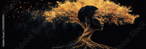 Conceptual artwork of an African woman’s profile blending into a tree, symbolizing roots, identity, and growth, against a dark background with golden accents.
