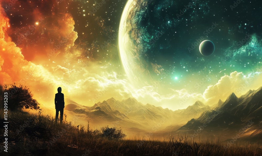 Fototapeta premium Cosmic landscape with figure gazing at planets and stars, vibrant colors, surreal atmosphere, majestic mountains, otherworldly scenery