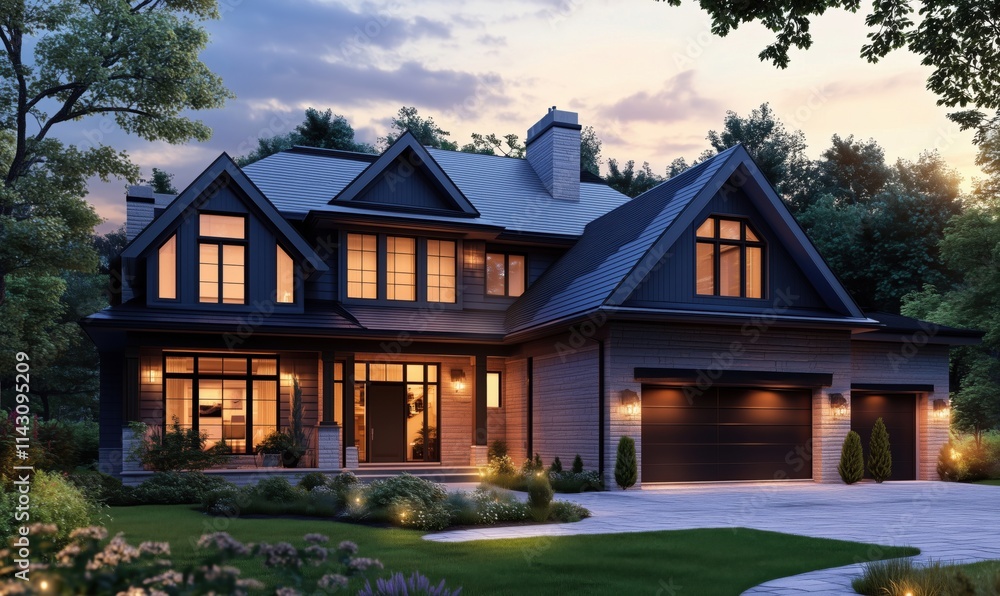 Modern luxury home exterior at dusk, showcasing elegant architecture and warm lighting. Lush landscaping enhances curb appeal. Modern luxury home exterior at dusk, showcasing elegant architecture and warm lighting. Lush landscaping enhances curb appeal.