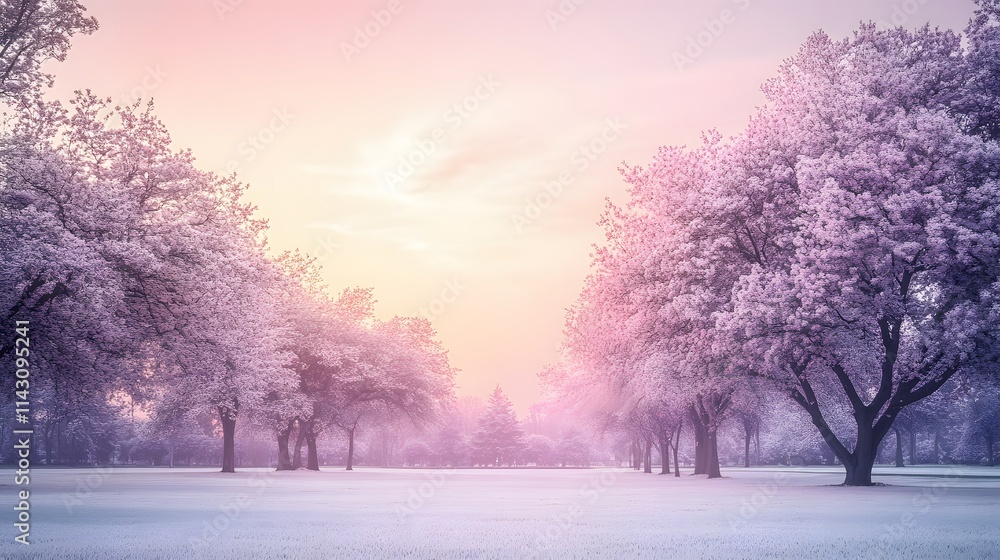 A serene park with a mix of lavender pale pink and white-leaved trees under a pastel sky. A serene park with a mix of lavender pale pink and white-leaved trees under a pastel sky.