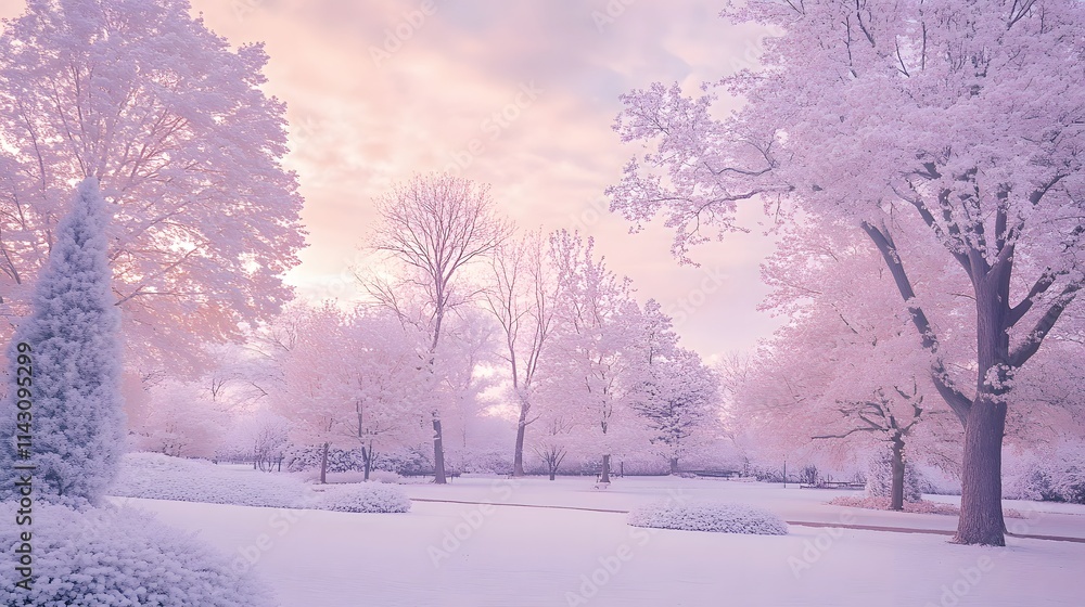 A serene park with a mix of lavender pale pink and white-leaved trees under a pastel sky. A serene park with a mix of lavender pale pink and white-leaved trees under a pastel sky.