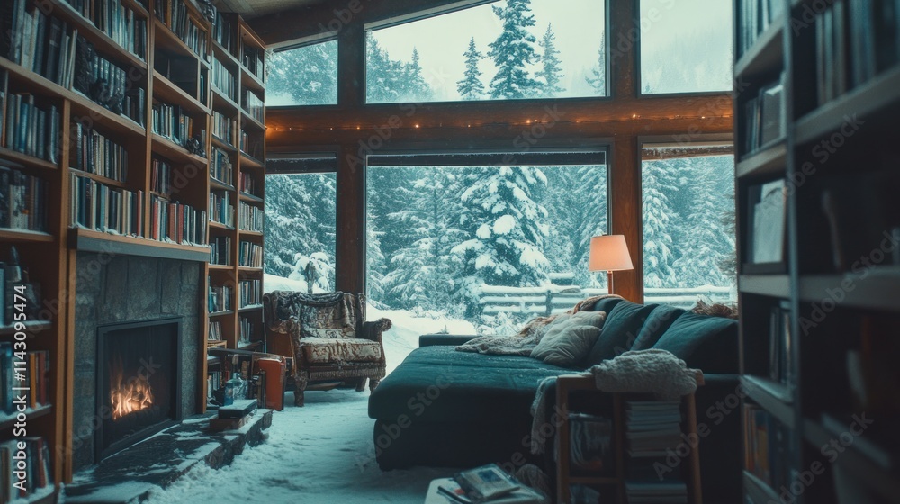 Cozy cabin library with fireplace, snow scene, and large windows. Cozy cabin library with fireplace, snow scene, and large windows.
